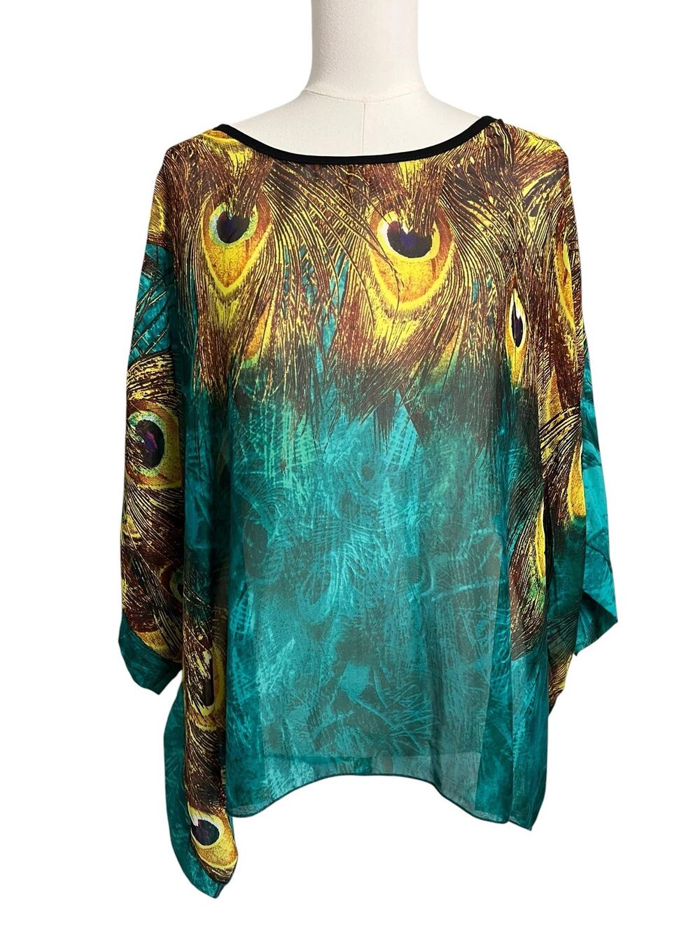 Peacock Feather Print Sheer Kimono Blouse Boho Oversized Batwing Top